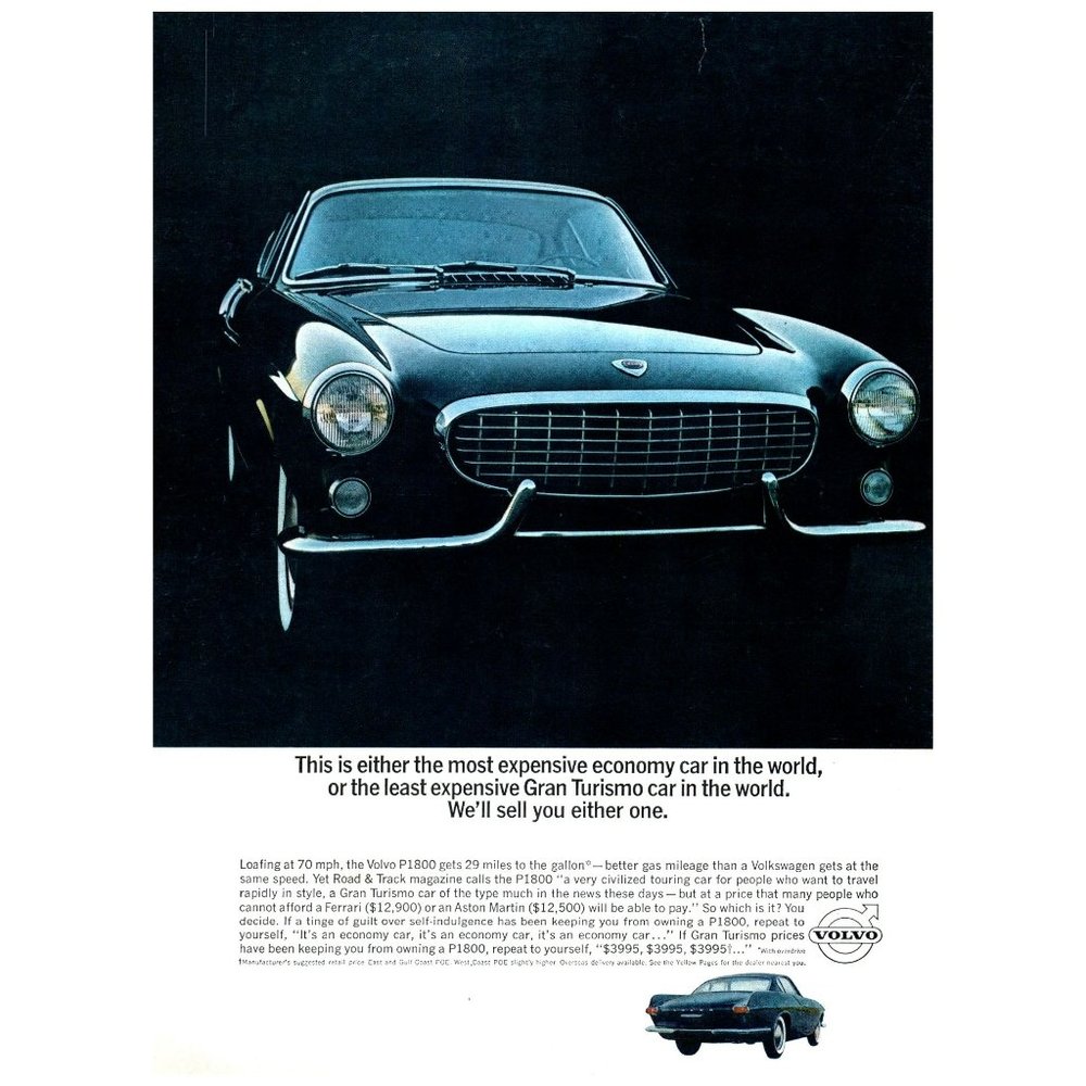 1964 Volvo P1800 Gran Turismo Black Sports Car Vintage Print Ad Classic Decor